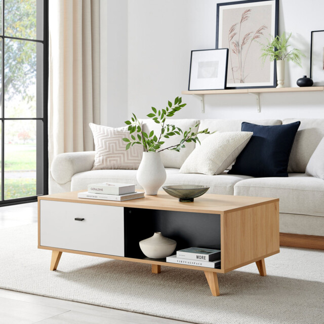 Bisset Rectangular 1 Drawer Storage Off White and Wood Effect Coffee Table - image 1