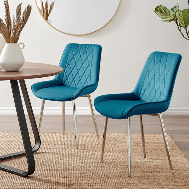 2x Pesaro Blue Velvet Dining Chairs Silver Legs - image 1
