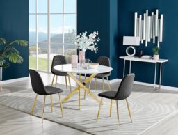 Novara White Gloss Gold Leg 120cm Round Dining Table & 4 Corona Gold Leg Chairs - thumbnail 1