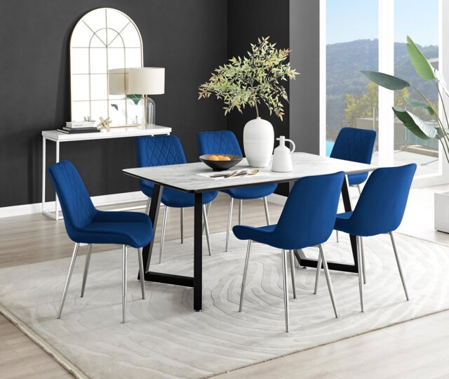 Carson White Marble Effect Dining Table & 6 Pesaro Silver Chairs - image 1