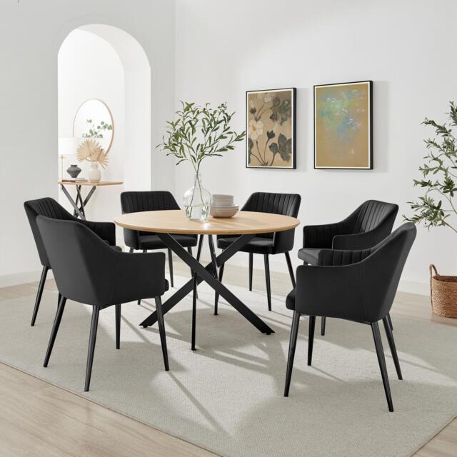 Novara Oak Effect Dining Table & 6 Calla Black Velvet Chairs - image 1
