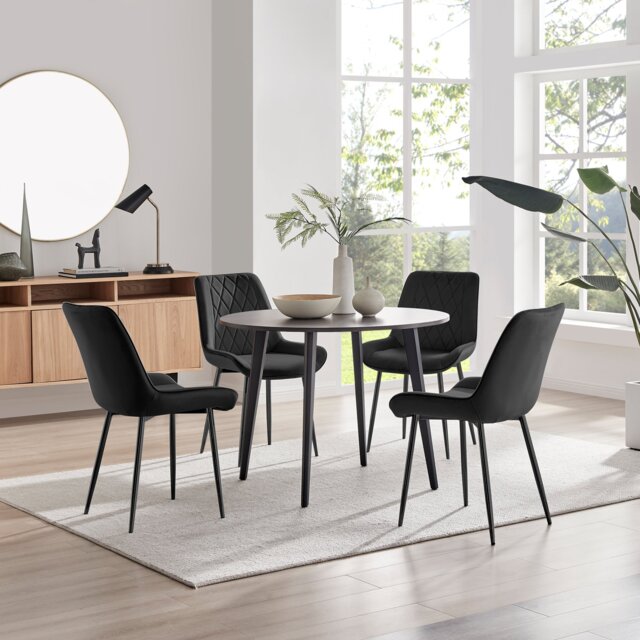 Koko Walnut Effect Round Dining Table & 4 Pesaro Black Leg Chairs - image 1
