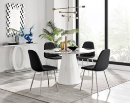 Palma White Marble Effect Round Dining Table & 4 Corona Silver Chairs - thumbnail 1