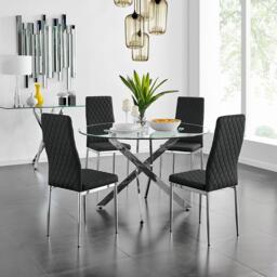 Novara Chrome Metal And Glass Large 120cm Round Dining Table And 4 Milan Chairs Set - thumbnail 1