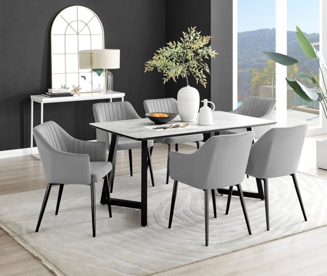 Carson White Marble Effect Dining Table & 6 Calla Black Leg Chairs - image 1
