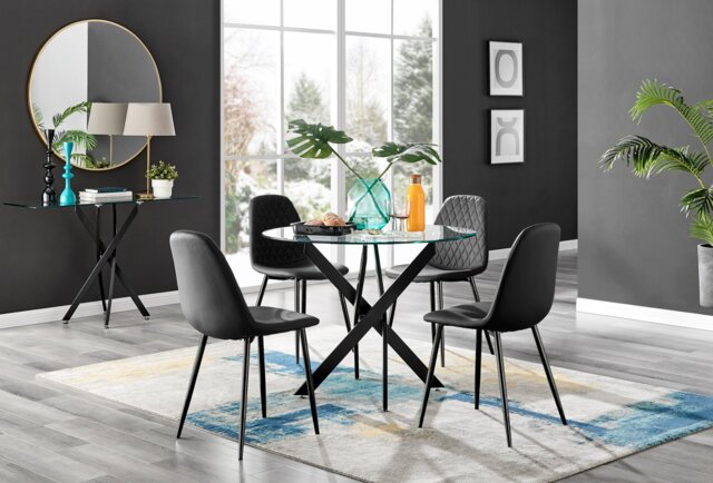 Novara Black Leg Round Glass Dining Table & 4 Corona Black Leg Chairs - image 1