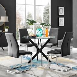 Novara Black Leg Round Glass Dining Table & 4 Lorenzo Chairs - thumbnail 1