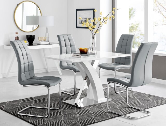 Atlanta White High Gloss And Chrome Metal Rectangle Dining Table And 4 Murano Dining Chairs Set - image 1