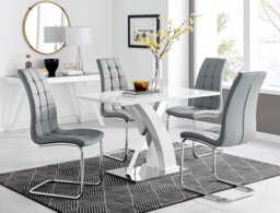 Atlanta White High Gloss And Chrome Metal Rectangle Dining Table And 4 Murano Dining Chairs Set - thumbnail 1