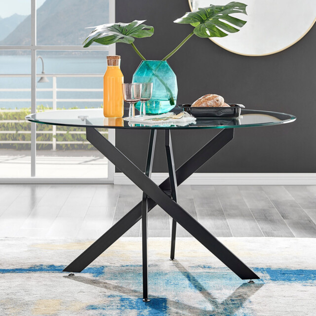 Novara Round Glass and Black Metal 6 Seater Dining Table - image 1