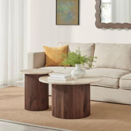 Penrose Round Walnut & Cream Marble Effect Coffee Table - thumbnail 3