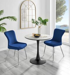 Elina White Marble Effect Round Dining Table & 2 Nora Silver Leg Chairs