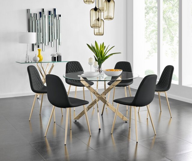 Novara Gold Metal 120cm Large Round Dining Table And 6 Corona Gold Chairs Set - image 1
