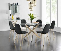 Novara Gold Metal 120cm Large Round Dining Table And 6 Corona Gold Chairs Set - thumbnail 1