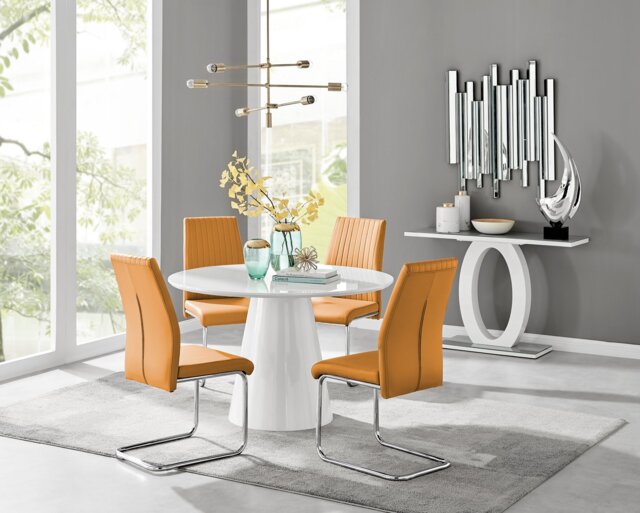 Palma White High Gloss Round Dining Table & 4 Lorenzo Chairs - image 1