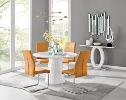 Palma White High Gloss Round Dining Table & 4 Lorenzo Chairs
