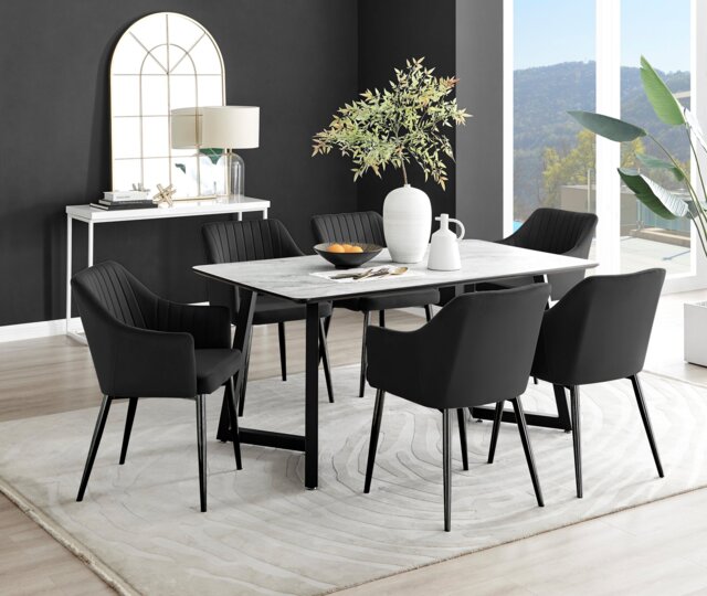 Carson White Marble Effect Dining Table & 6 Calla Black Leg Chairs - image 1