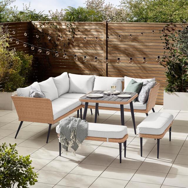 Furniturebox Seychelles Beige 9 Seat Corner Sofa Garden Dining Set, Rattan in Beige/Cream/Black - Size: 200x70x70 cm - image 1