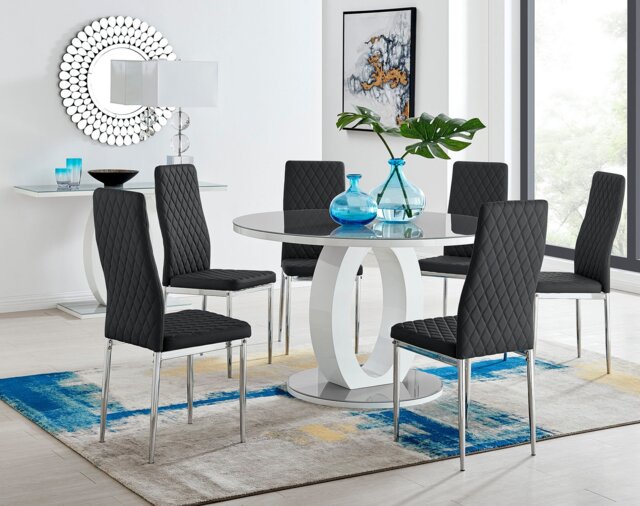 Giovani Grey White High Gloss And Glass Large Round Dining Table And 6 Milan Chairs Set - image 1