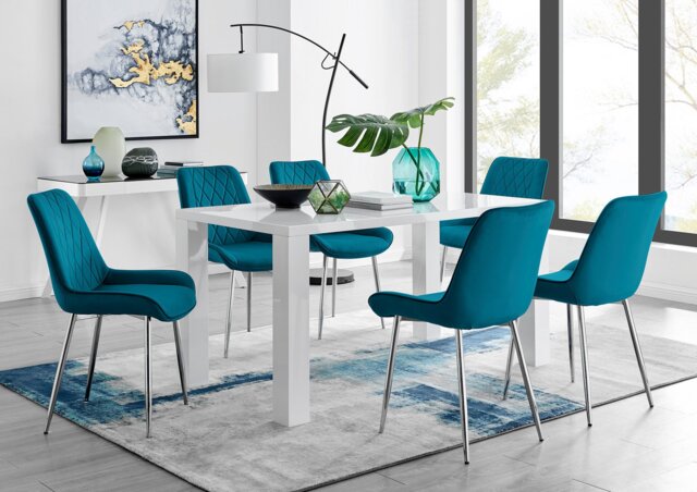 Pivero 6 White Dining Table and 6 Pesaro Silver Leg Chairs - image 1