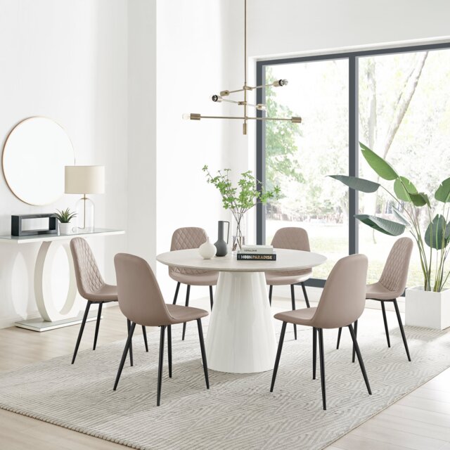 Palma Beige Stone Effect Round Dining Table & 6 Corona Black Leg Chairs - image 1