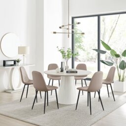 Palma Beige Stone Effect Round Dining Table & 6 Corona Black Leg Chairs - thumbnail 1