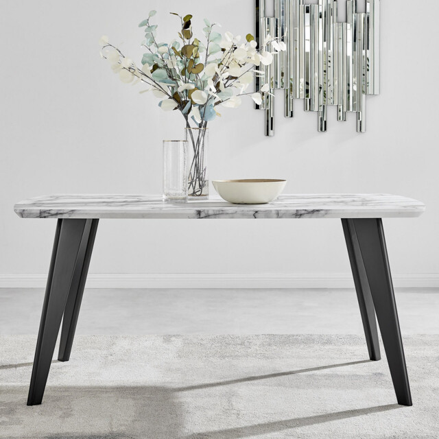 Andria Rectangular White Marble Effect Black Leg 6 Seater Dining Table - image 1