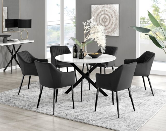 Novara White Gloss Black Leg 120cm Round Dining Table & 6 Calla Black Leg Chairs - image 1