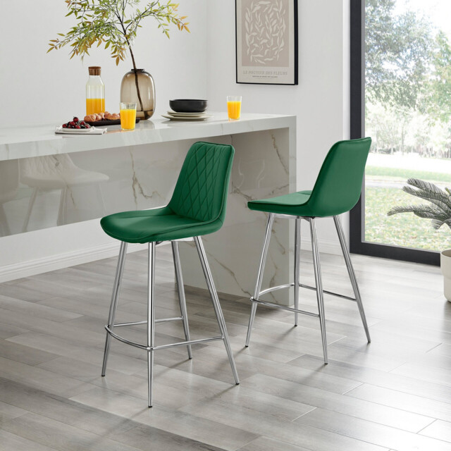 2x Pesaro Green Velvet Counter Stools Silver Legs - image 1