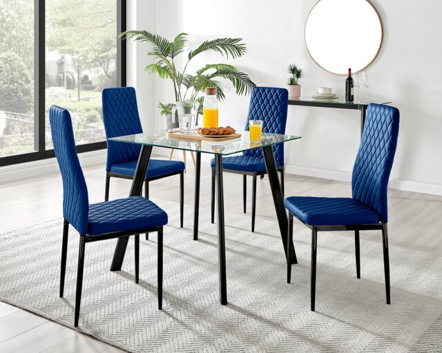 Seattle Glass Black Leg Square Dining Table & 4 Velvet Milan Black Leg Chairs - image 1