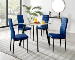 Seattle Glass Black Leg Square Dining Table & 4 Velvet Milan Black Leg Chairs - thumbnail 1