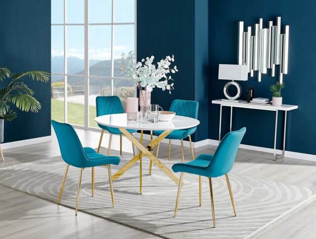 Novara White Gloss Gold Leg 120cm Round Dining Table & 4 Pesaro Gold Leg Chairs - image 1