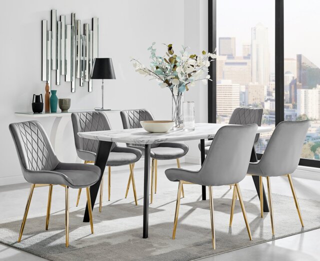 Andria Black Leg Marble Effect Dining Table and 6 Pesaro Gold Leg Chairs - image 1