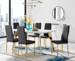 Andria Gold Leg Marble Effect Dining Table and 6 Gold Leg Milan Chairs