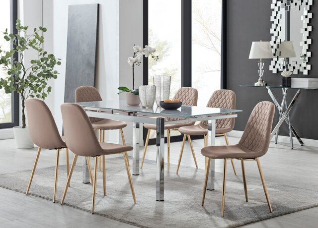 Enna White Glass Extending Dining Table and 6 Corona Gold Leg Chairs - image 1