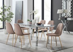 Enna White Glass Extending Dining Table and 6 Corona Gold Leg Chairs - thumbnail 1