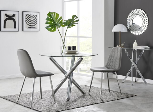 Selina Round Glass Chrome Leg Dining Table and 2 Corona Silver Leg Chairs - image 1