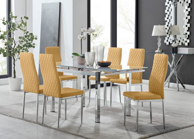 Enna White Glass Extending Dining Table and 6 Velvet Milan Chairs