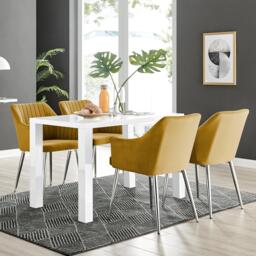 Pivero White High Gloss Dining Table & 4 Calla Silver Leg Velvet Chairs - thumbnail 1