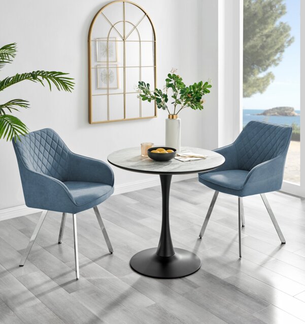 Elina White Marble Effect Round Dining Table & 2 Falun Silver Leg Chairs - image 1