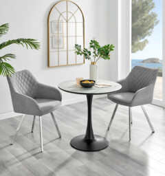 Elina White Marble Effect Round Dining Table & 2 Falun Silver Leg Chairs - thumbnail 2