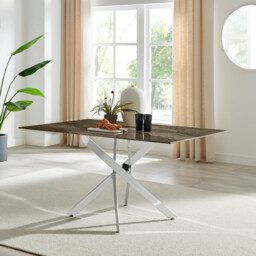 Leonardo Rectangle Brown/Grey Marble Glass & Silver Metal 6 Seat Dining Table - thumbnail 2