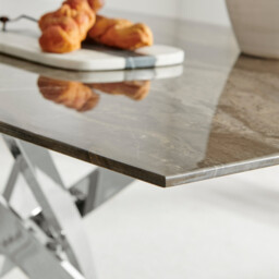 Leonardo Rectangle Brown/Grey Marble Glass & Silver Metal 6 Seat Dining Table - thumbnail 4