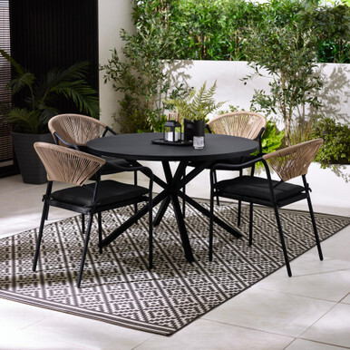 Nanterre & Elba Black Metal & Rattan 4 Seat Round Table Garden Dining Set - image 1