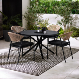 Nanterre & Elba Black Metal & Rattan 4 Seat Round Table Garden Dining Set - thumbnail 1