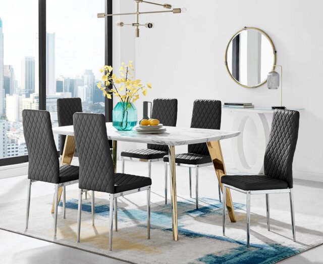 Andria Gold Leg Marble Effect Dining Table and 6 Milan Chairs - image 1