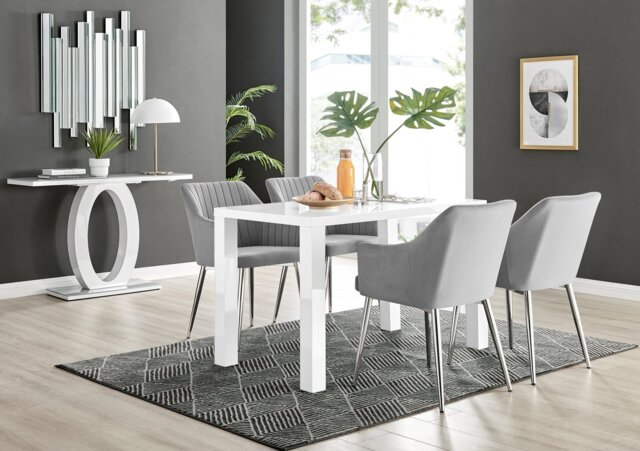 Pivero White High Gloss Dining Table & 4 Calla Silver Leg Velvet Chairs - image 1