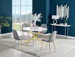 Novara White Gloss Gold Leg 120cm Round Dining Table & 4 Corona Gold Leg Chairs - thumbnail 1
