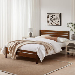 Declan Walnut Solid Pine Double Bed Frame - thumbnail 1