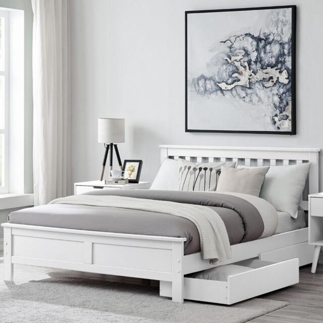 Azure White Solid Pine Double Bed Frame + Windsor Mattress + 2 Drawers - image 1